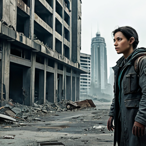 Home 17 A solitary, focused survivor, fully clothed in modest, practical, professional post-apocalyptic attire, stands amidst the quiet, desolate ruins of a futuristic city. The environment features crumbling skyscrapers and overgrown streets under a muted sky. The pose is natural, conveying determination. Perfect anatomy, correct proportions, well-formed hands, proper finger count, natural body proportions. Safe for work, appropriate content, family-friendly, high quality, professional photography, cinematic lighting, detailed.