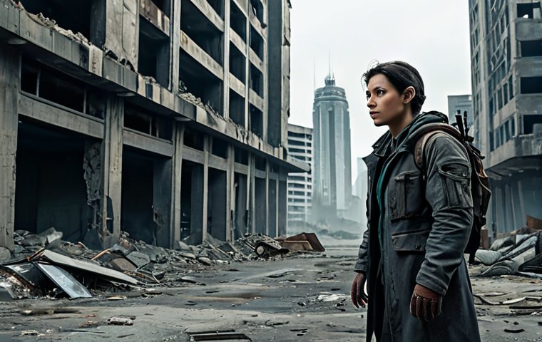 A solitary, focused survivor, fully clothed in modest, practical, professional post-apocalyptic attire, stands amidst the quiet, desolate ruins of a futuristic city. The environment features crumbling skyscrapers and overgrown streets under a muted sky. The pose is natural, conveying determination. Perfect anatomy, correct proportions, well-formed hands, proper finger count, natural body proportions. Safe for work, appropriate content, family-friendly, high quality, professional photography, cinematic lighting, detailed.